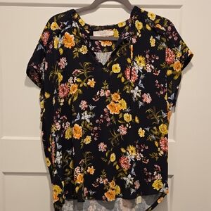 LOFT Yellow and Orange Graphic Blouse Short Sleeve Polo